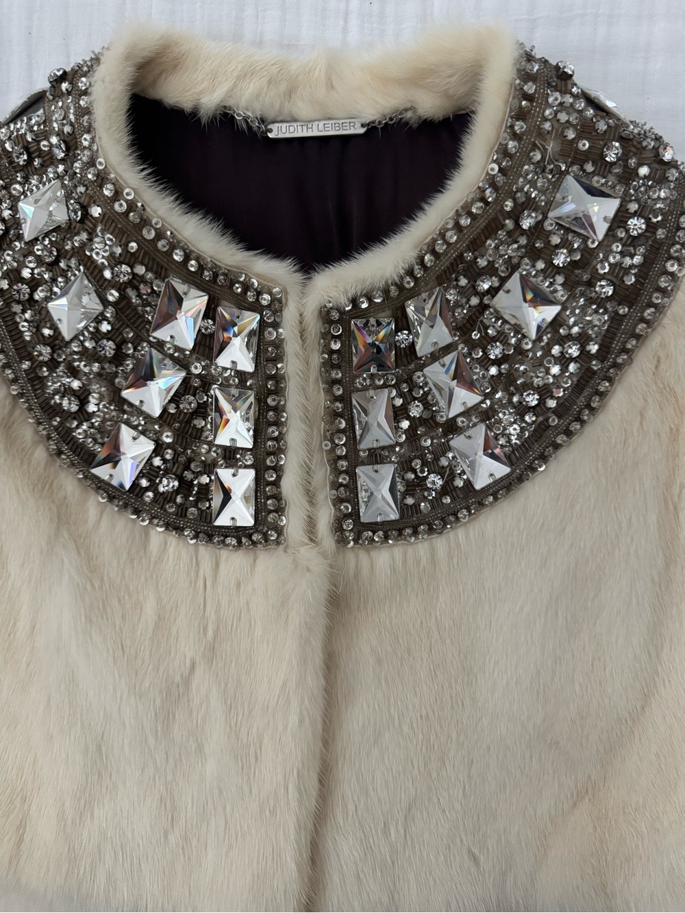 VINTAGE Judith Leiber Ivory Mink Jacket w/Swarovski Crystal Embellished Collar